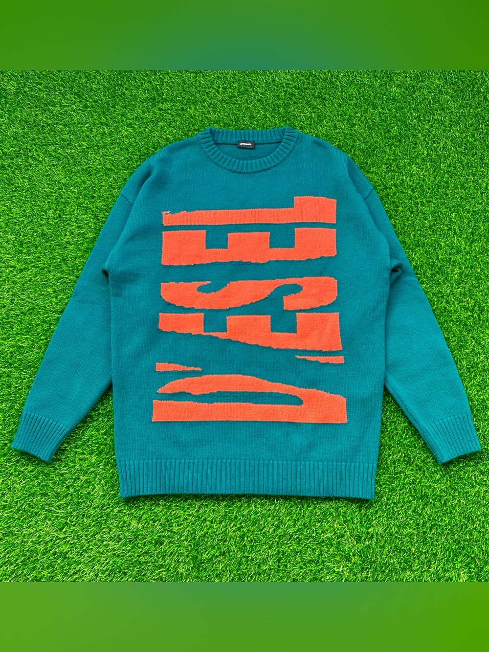 Diesel K-Logox-A Large Orange Logo Teal Green Knit Jumper